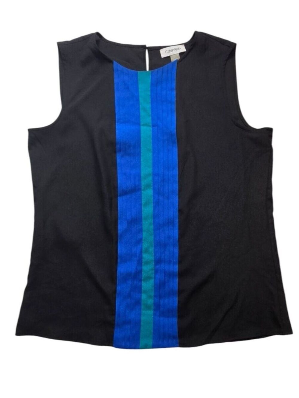 Calvin Klein Womens Colorblock Sleeveless Blouse Black Blue Teal Pleated Medium